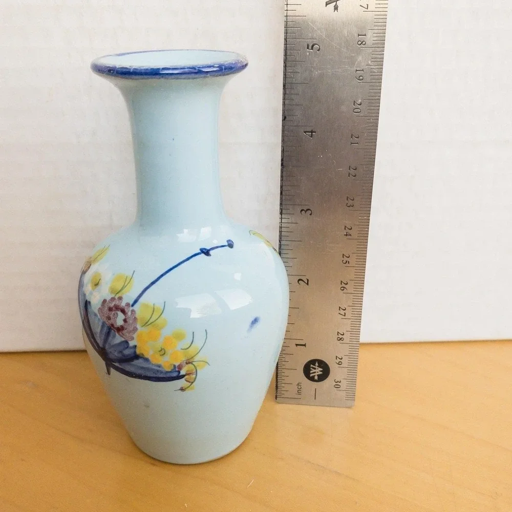 Italy Ceramic Vase and Trinket Jar Set Blue Floral Hand‎ Painted Vintage Ceramic